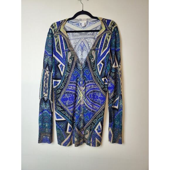 CHICO'S 2 Women Long Cardigan Sweater Button Front Large Lightweight Thin Print - Picture 8 of 9